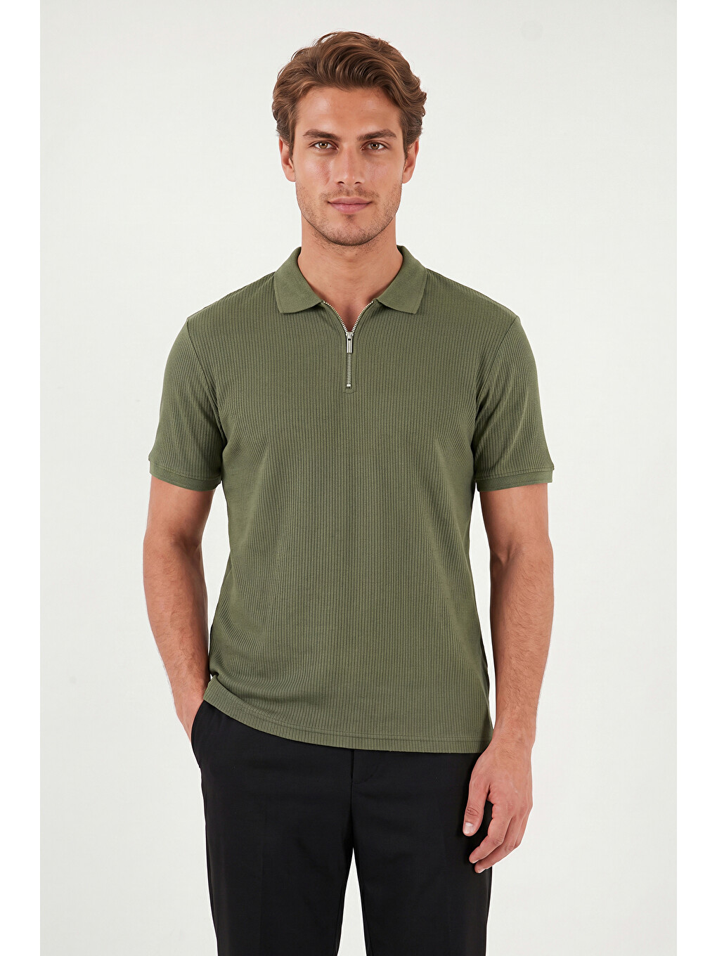 Haki Pamuklu Regular Fit Fermuarlı Polo Yaka %100 Pamuk Tişört 5902738-2