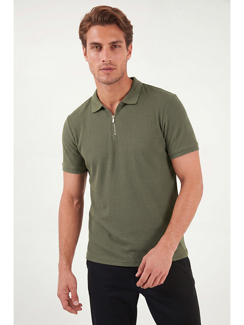 Haki Pamuklu Regular Fit Fermuarlı Polo Yaka %100 Pamuk Tişört 5902738-3
