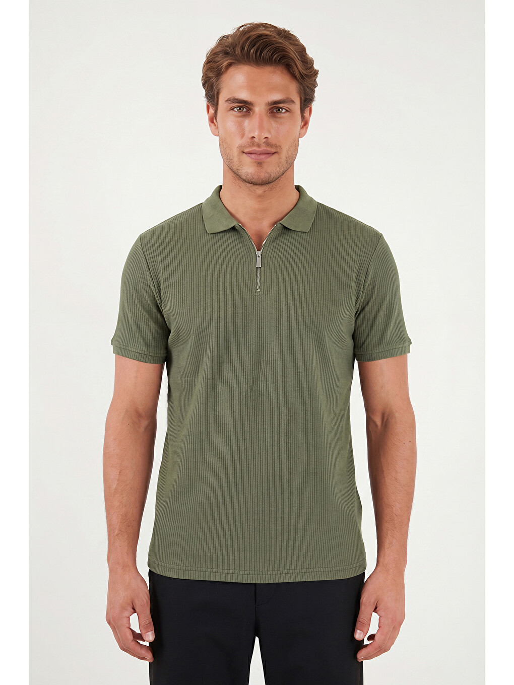 Haki Pamuklu Regular Fit Fermuarlı Polo Yaka %100 Pamuk Tişört 5902738-4