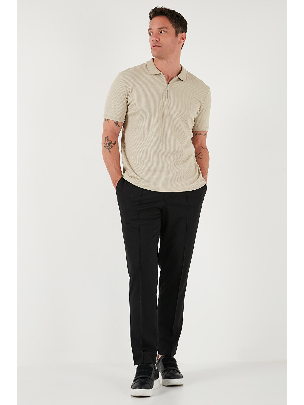 Bej Pamuklu Regular Fit Fermuarlı Polo Yaka %100 Pamuk Tişört 5902738-2