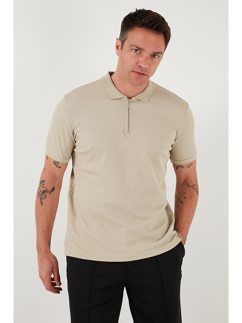 Bej Pamuklu Regular Fit Fermuarlı Polo Yaka %100 Pamuk Tişört 5902738-3