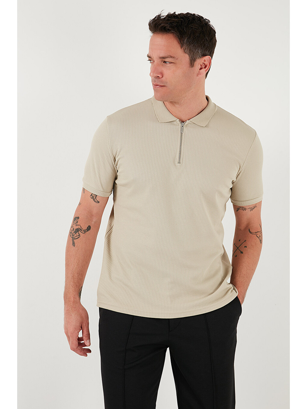 Bej Pamuklu Regular Fit Fermuarlı Polo Yaka %100 Pamuk Tişört 5902738-4