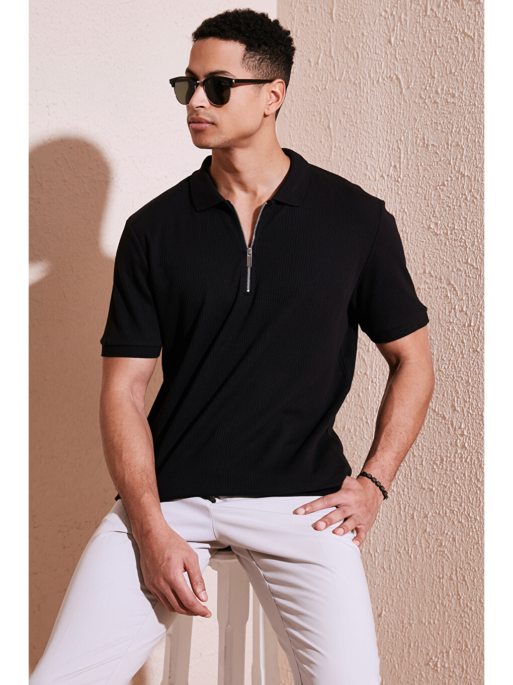 Siyah Pamuklu Regular Fit Fermuarlı Erkek Polo Yaka T Shirt 5902738