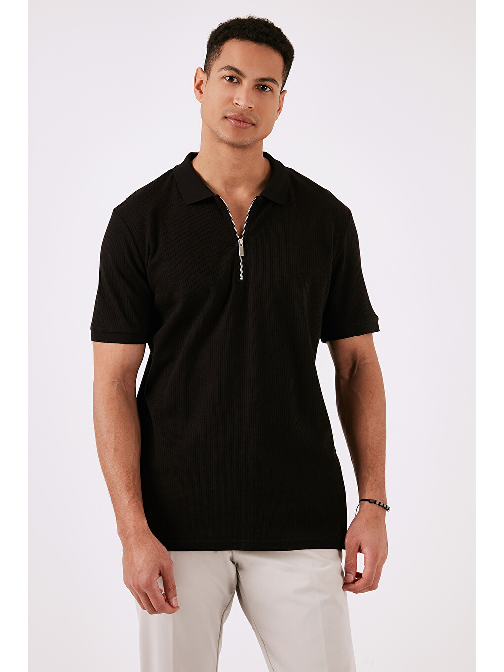 Siyah Pamuklu Regular Fit Fermuarlı Erkek Polo Yaka T Shirt 5902738-4