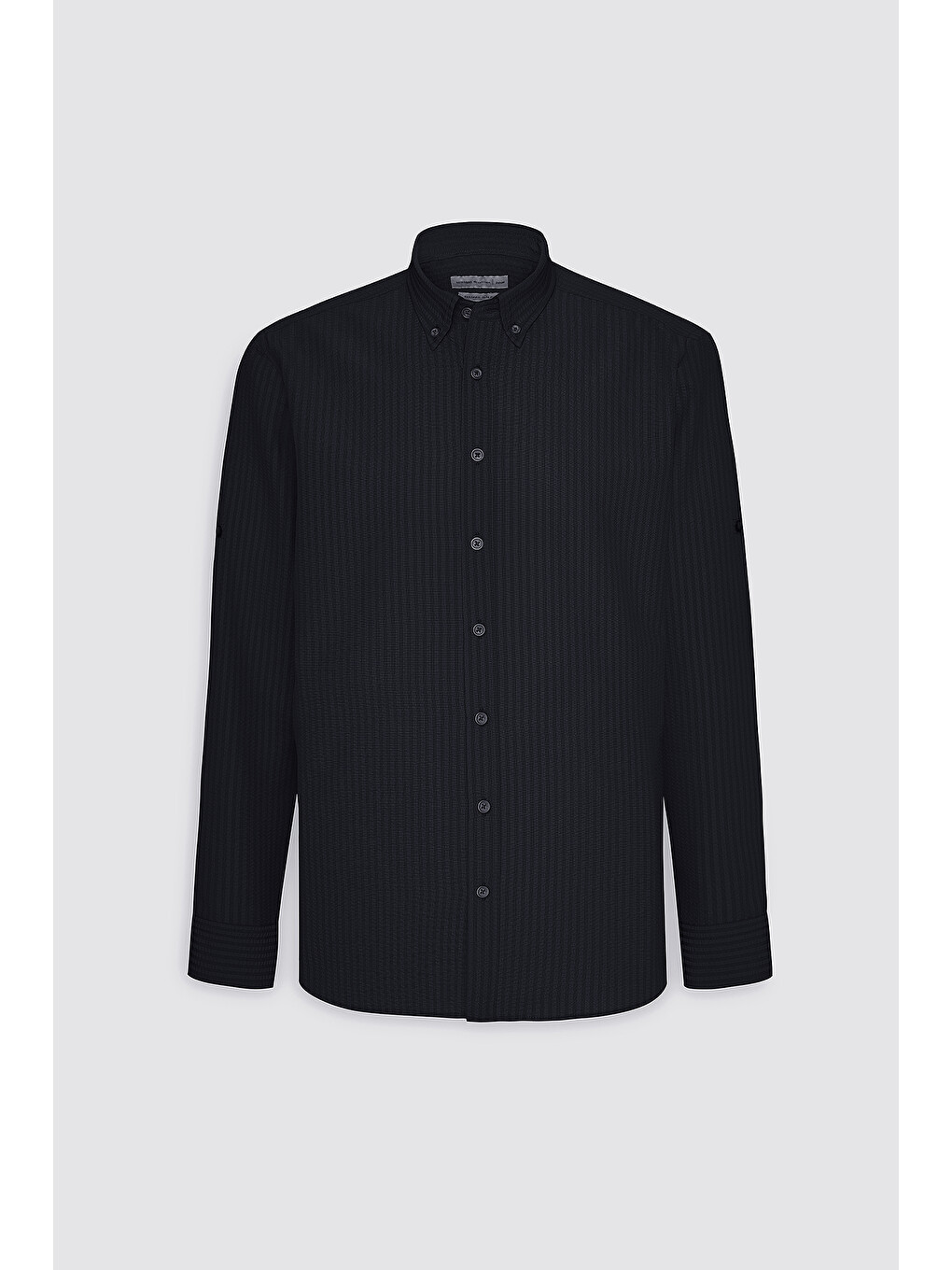 Erkek Siyah Slim Fit Dar Kesim Keten Görünümlü Gofre Desenli Düğmeli Yaka Gömlek-5