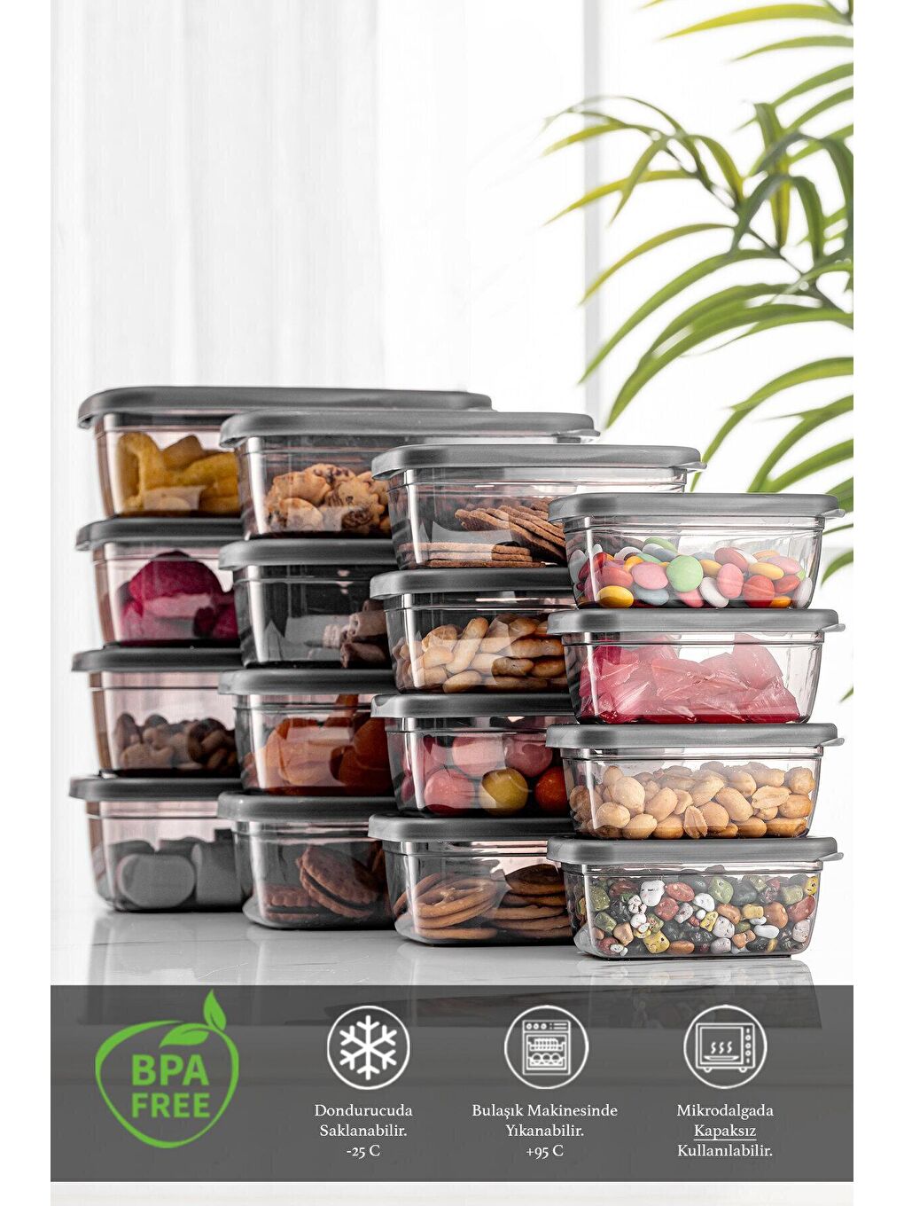 Gri 16'lı Pratik Box - Buzdolabı Düzenleyici Saklama Kabı - Baharatlık Erzak Kabı 4x(200-380-700-1200ml)-1