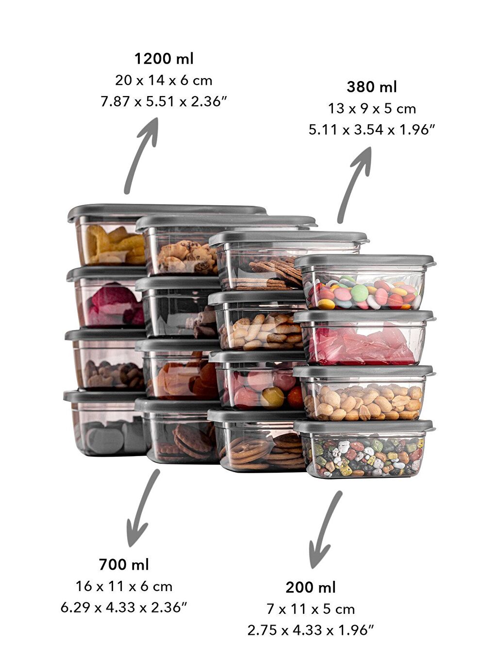 Gri 16'lı Pratik Box - Buzdolabı Düzenleyici Saklama Kabı - Baharatlık Erzak Kabı 4x(200-380-700-1200ml)-2