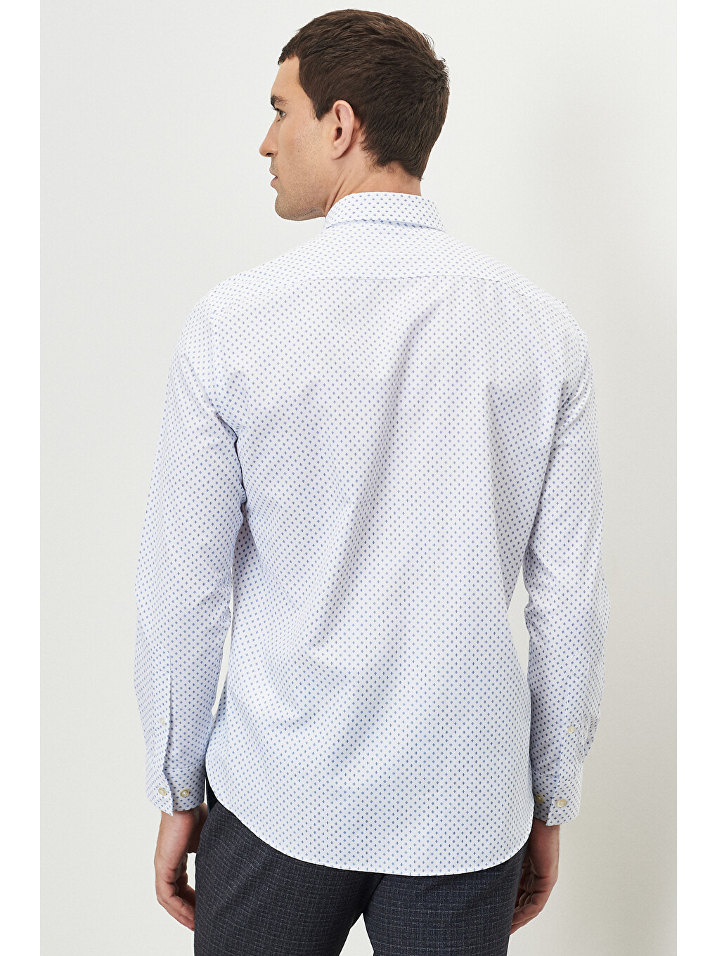 Erkek Beyaz-mavi Slim Fit Dar Kesim Düğmeli Yaka Baskılı Gömlek-4