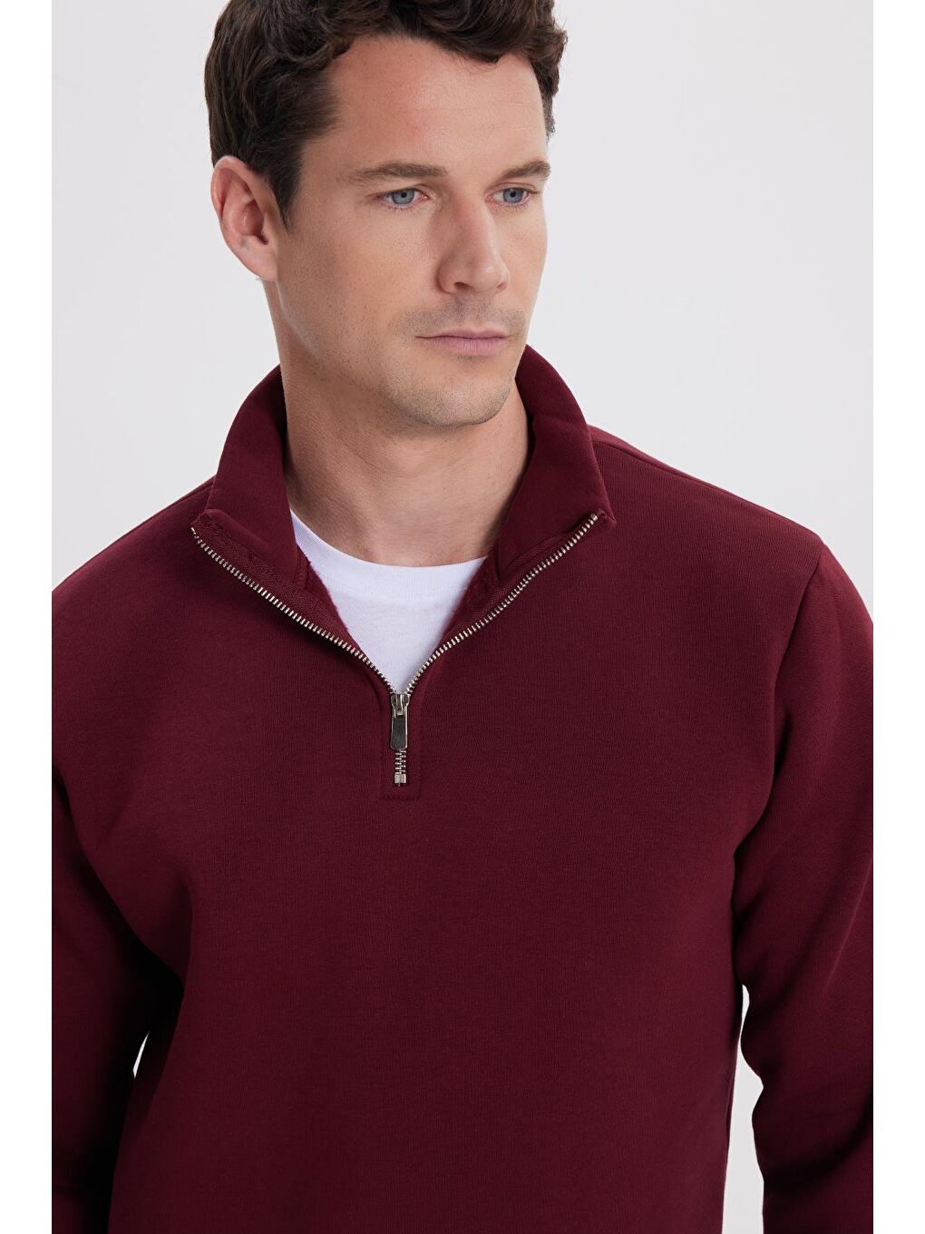 Unisex Relax Fit Rahat Kesim Pamuklu İçi Polarlı Yarım Fermuarlı Bordo Dik Yaka Sweatshirt-1