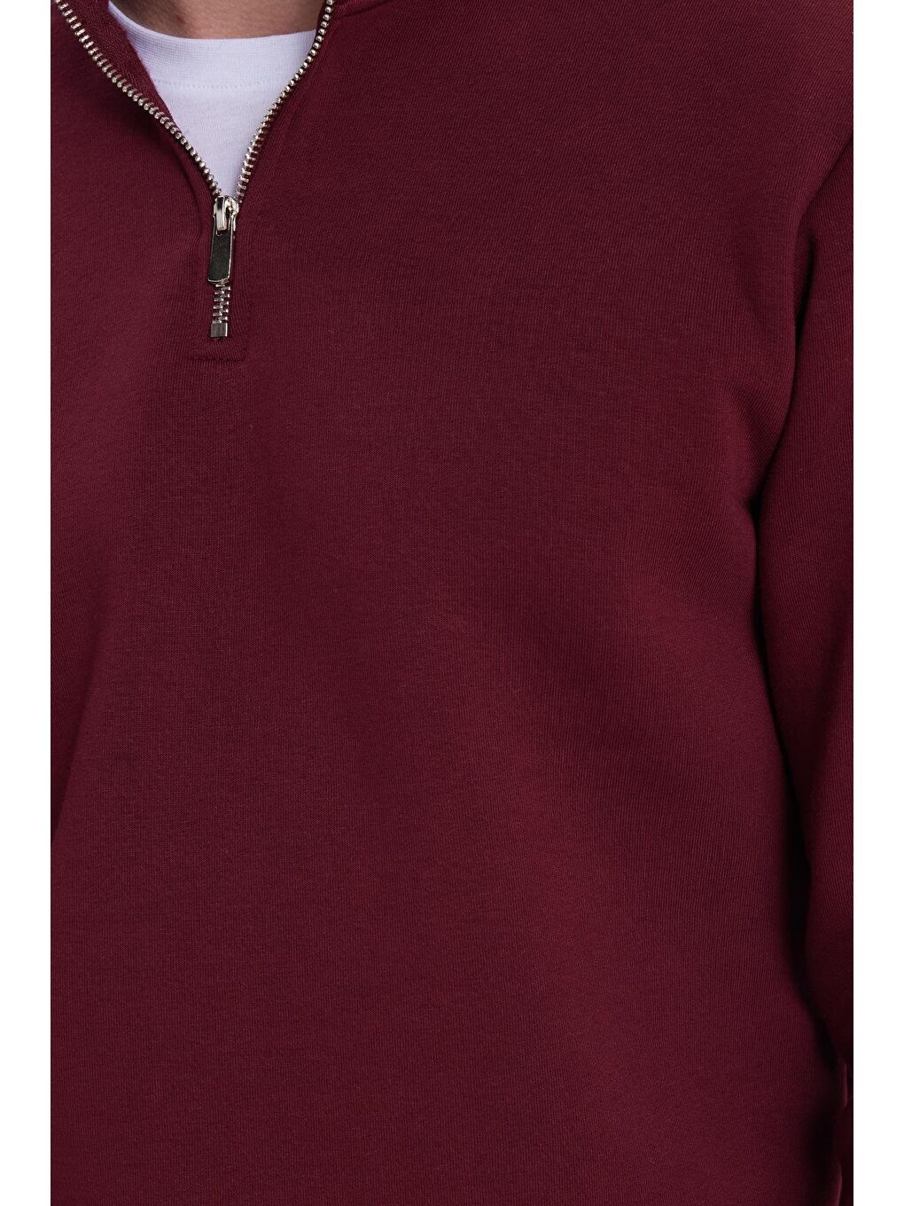 Unisex Relax Fit Rahat Kesim Pamuklu İçi Polarlı Yarım Fermuarlı Bordo Dik Yaka Sweatshirt-3