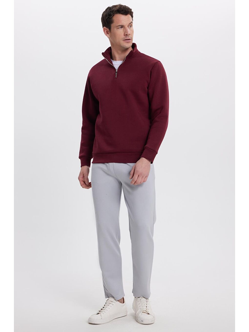 Unisex Relax Fit Rahat Kesim Pamuklu İçi Polarlı Yarım Fermuarlı Bordo Dik Yaka Sweatshirt-4