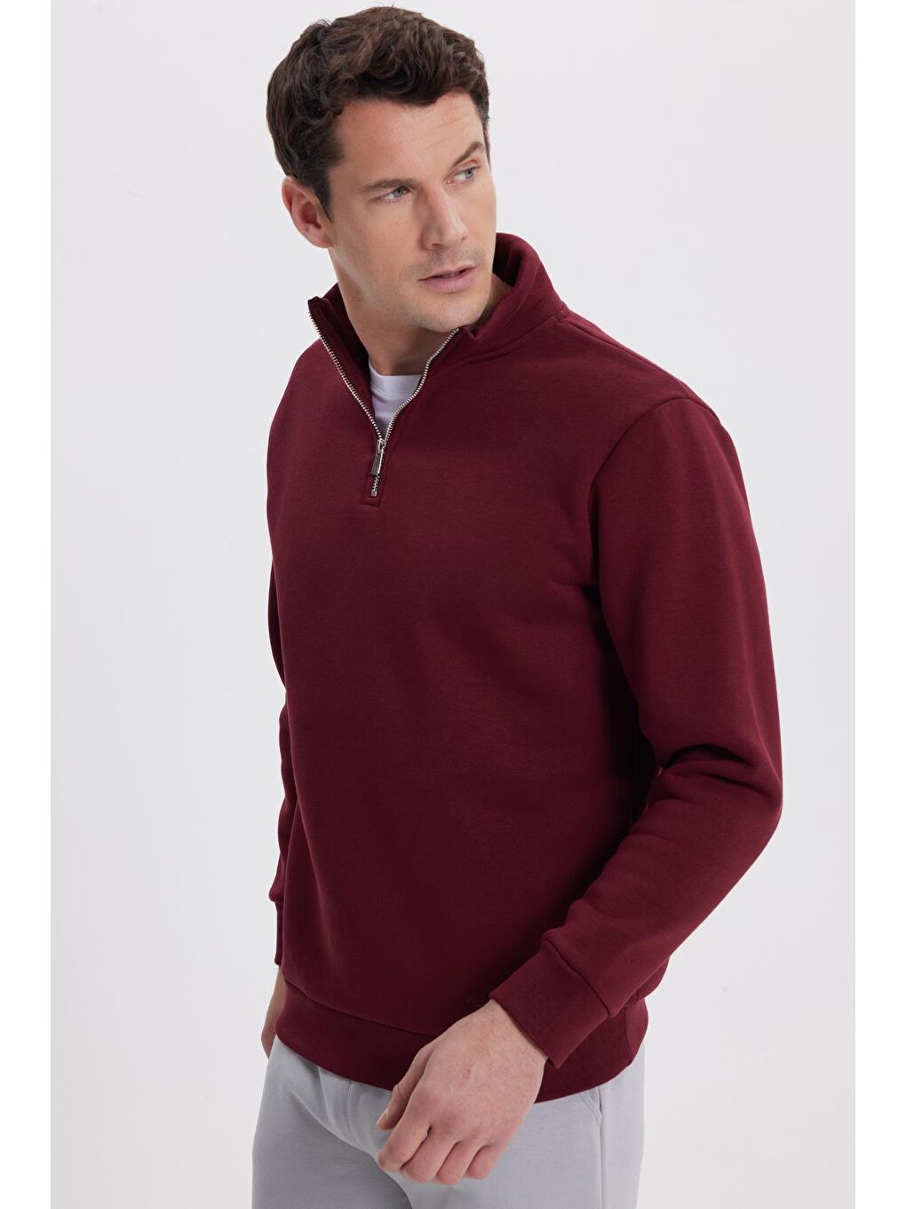 Unisex Relax Fit Rahat Kesim Pamuklu İçi Polarlı Yarım Fermuarlı Bordo Dik Yaka Sweatshirt-6