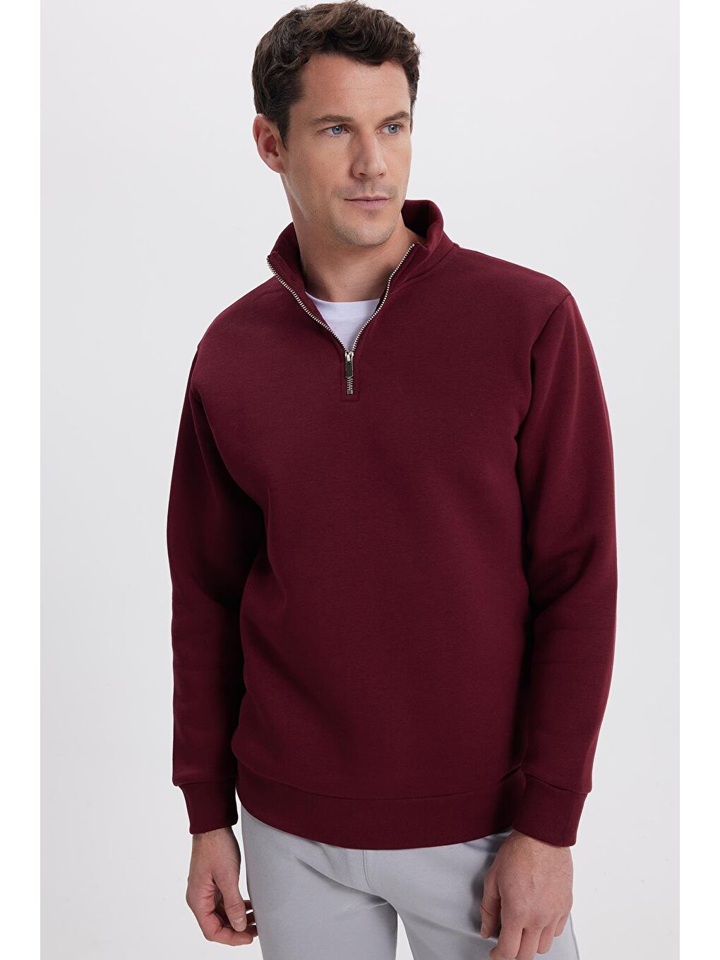Unisex Relax Fit Rahat Kesim Pamuklu İçi Polarlı Yarım Fermuarlı Bordo Dik Yaka Sweatshirt-7