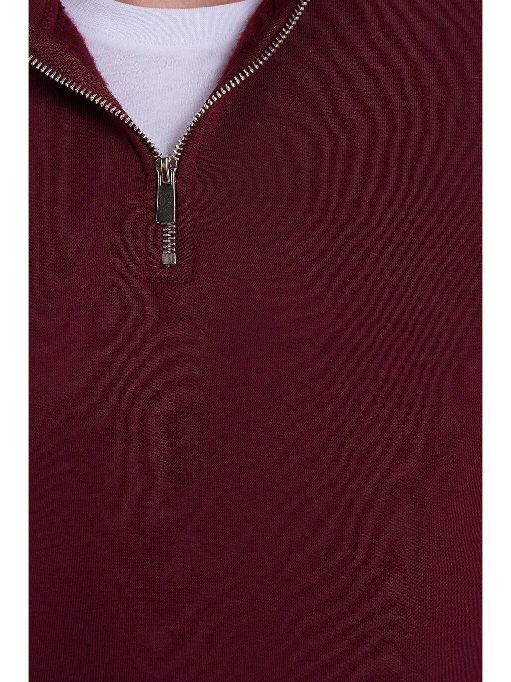 Unisex Relax Fit Rahat Kesim Pamuklu İçi Polarlı Yarım Fermuarlı Bordo Dik Yaka Sweatshirt-8