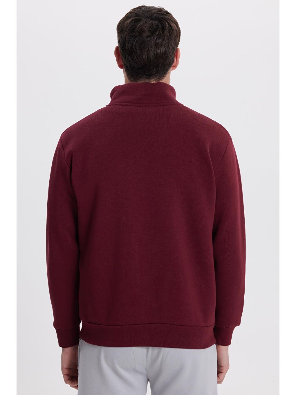 Unisex Relax Fit Rahat Kesim Pamuklu İçi Polarlı Yarım Fermuarlı Bordo Dik Yaka Sweatshirt-9