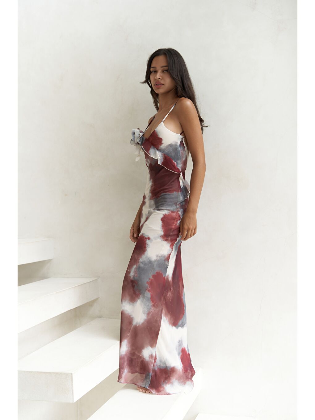 Purtyas Fırfır Detaylı Bordo Uzun Elbise-2