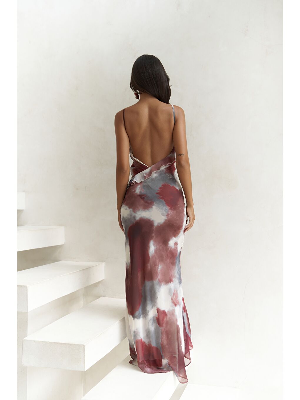 Purtyas Fırfır Detaylı Bordo Uzun Elbise-3