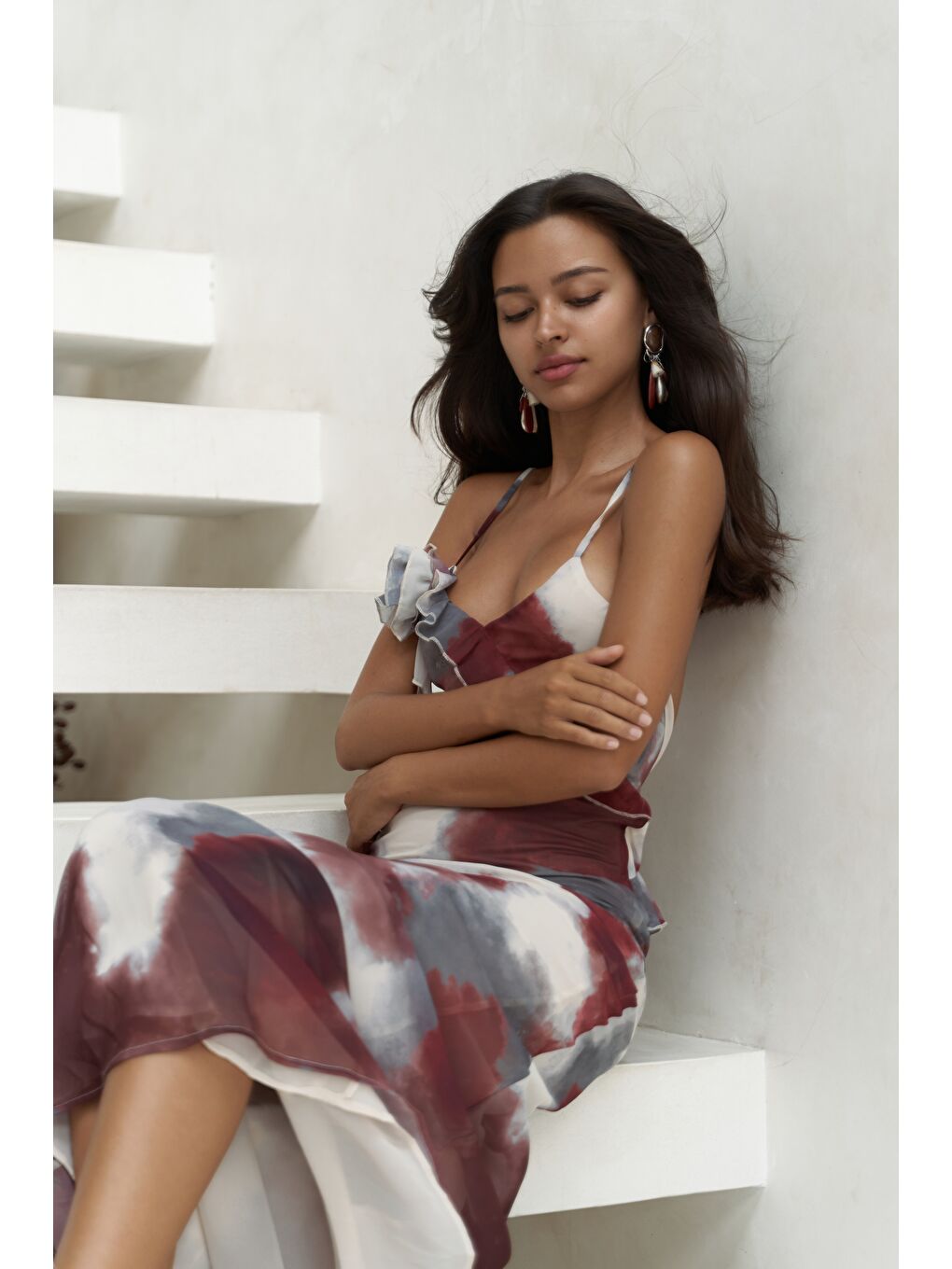 Purtyas Fırfır Detaylı Bordo Uzun Elbise-4