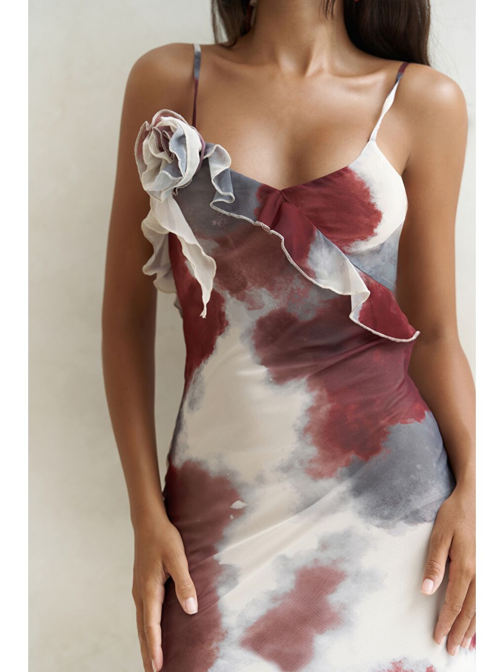 Purtyas Fırfır Detaylı Bordo Uzun Elbise-5