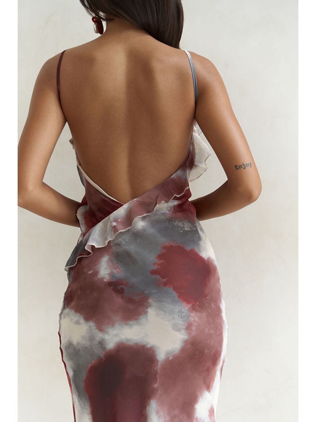 Purtyas Fırfır Detaylı Bordo Uzun Elbise-6