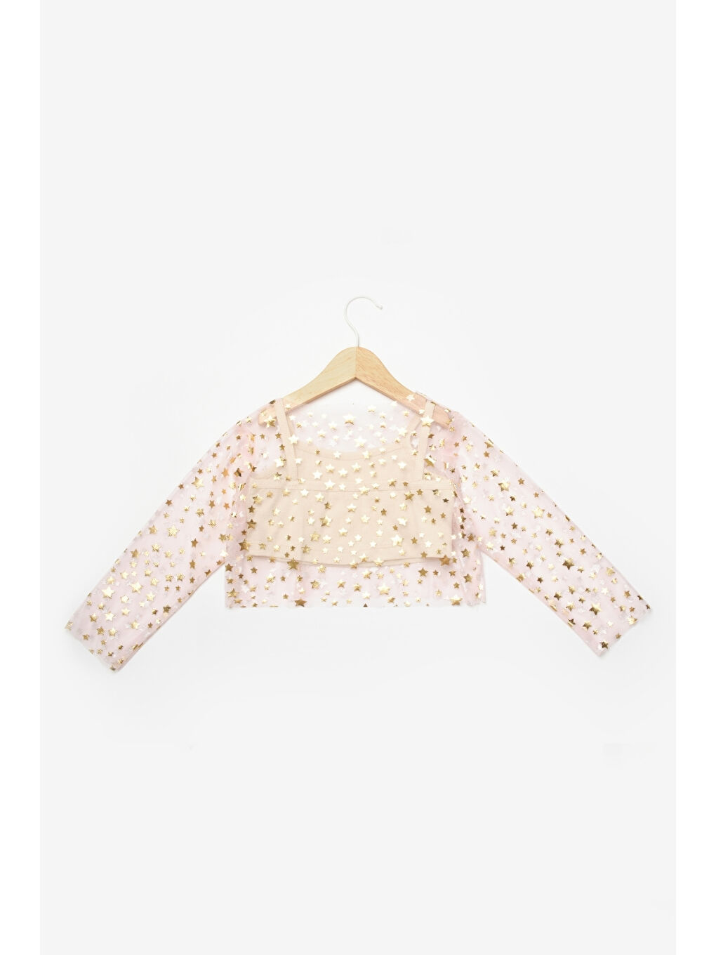 Pembe Pudra Uzun Kollu Yıldızlı Kız Çocuk Tül Crop-1