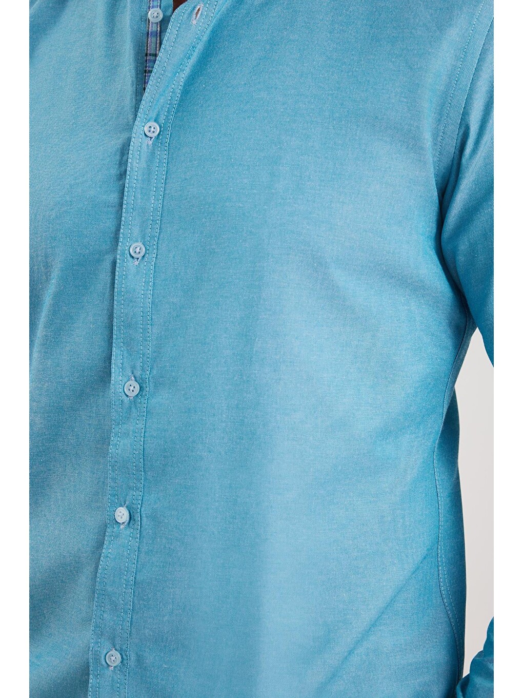 Erkek Slim Fit Dar Kesim Uzun Kollu Pamuklu Oxford Doku Turkuaz Düğmeli Yaka Gömlek-2