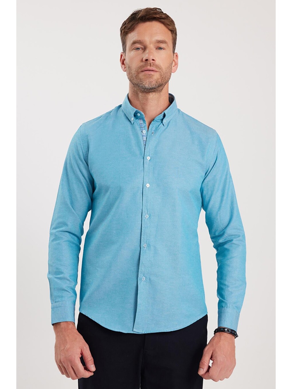 Erkek Slim Fit Dar Kesim Uzun Kollu Pamuklu Oxford Doku Turkuaz Düğmeli Yaka Gömlek-3