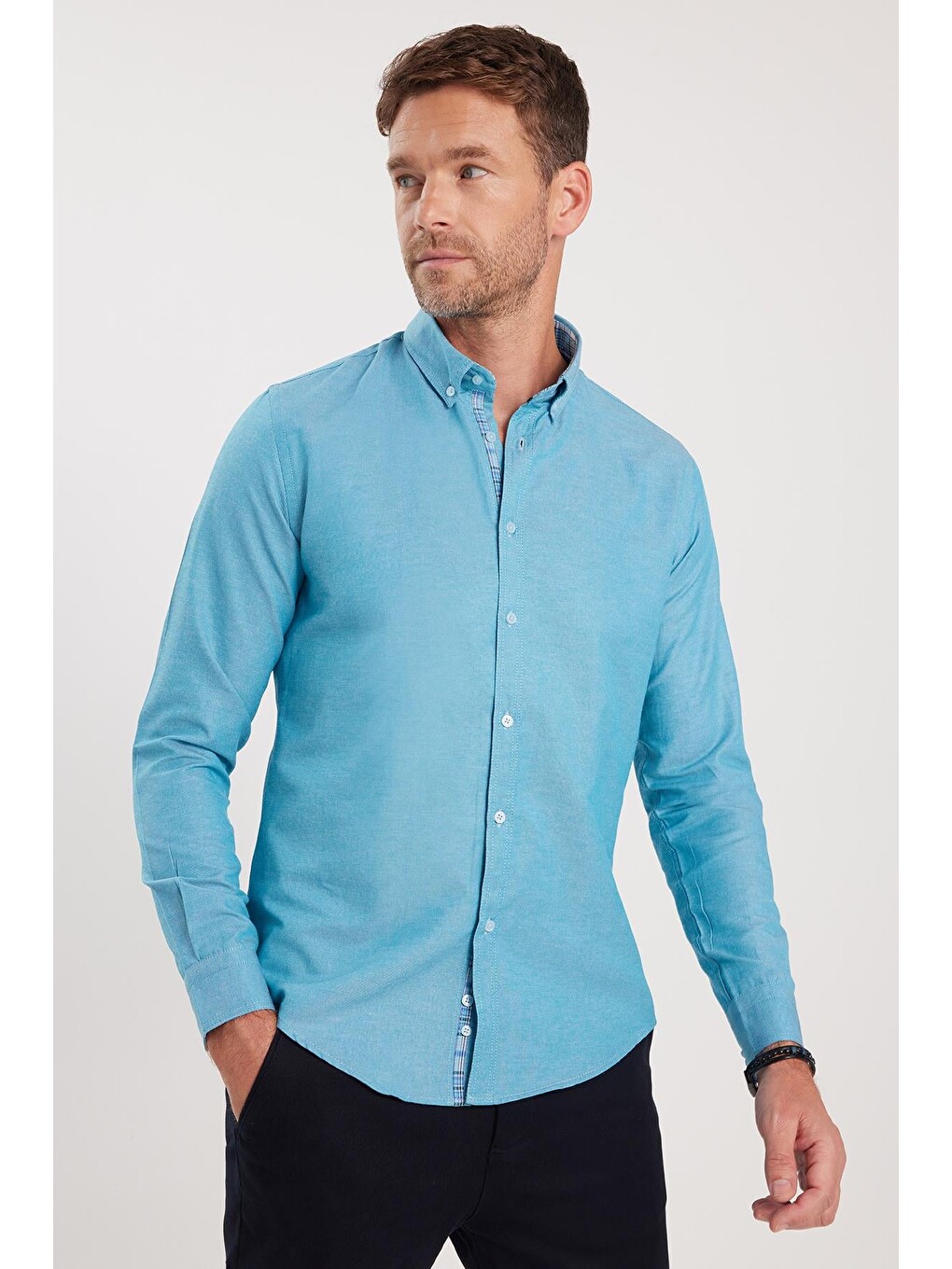 Erkek Slim Fit Dar Kesim Uzun Kollu Pamuklu Oxford Doku Turkuaz Düğmeli Yaka Gömlek-4