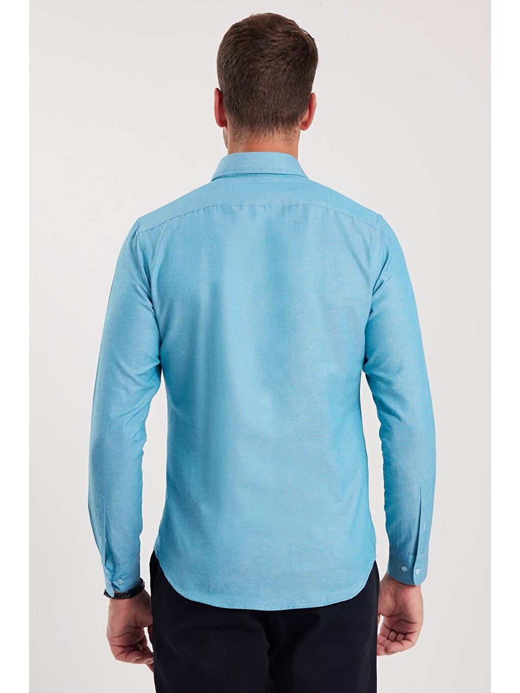 Erkek Slim Fit Dar Kesim Uzun Kollu Pamuklu Oxford Doku Turkuaz Düğmeli Yaka Gömlek-6