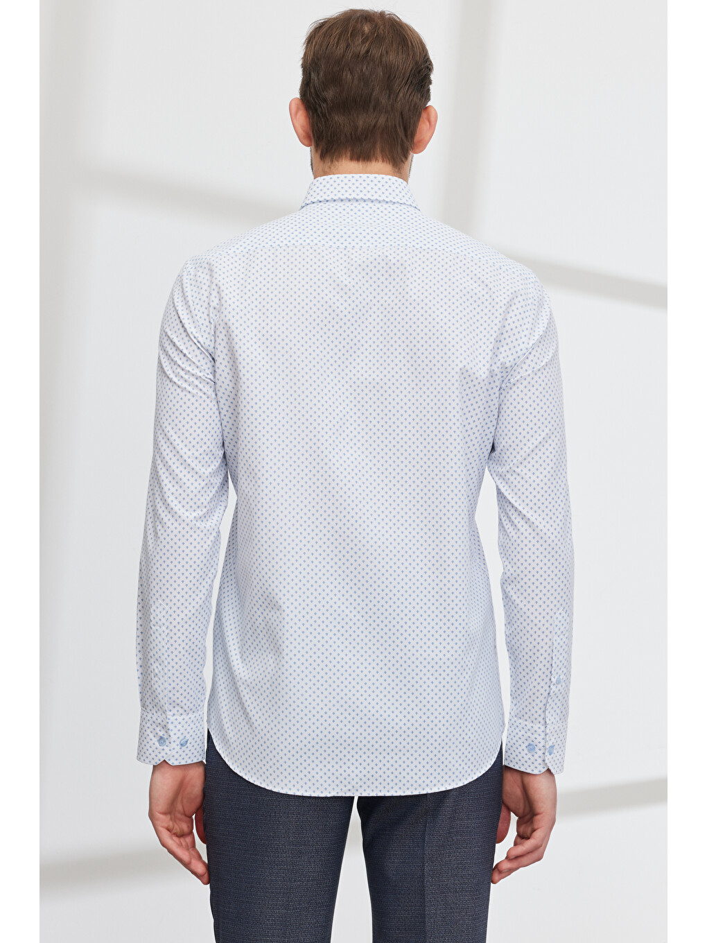Erkek Beyaz-mavi Slim Fit Dar Kesim Düğmeli Yaka Pamuklu Baskılı Gömlek-6