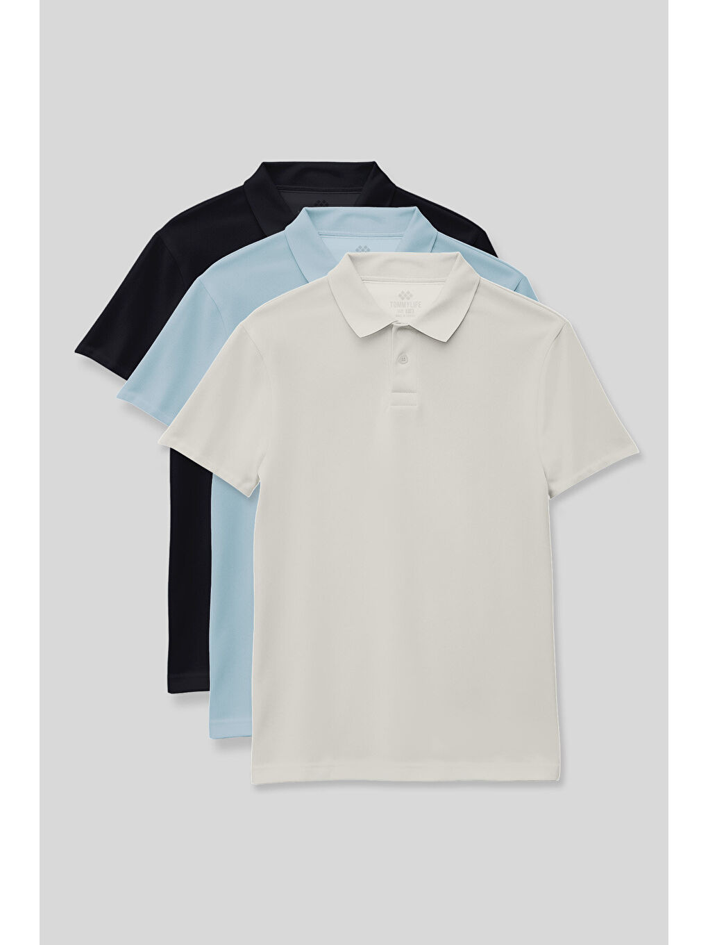 Standart Fit Basic Polo Yaka 3lü Paket Lacivert-Ekru-Açık Mavi Unisex Çocuk T-Shirt - 11330