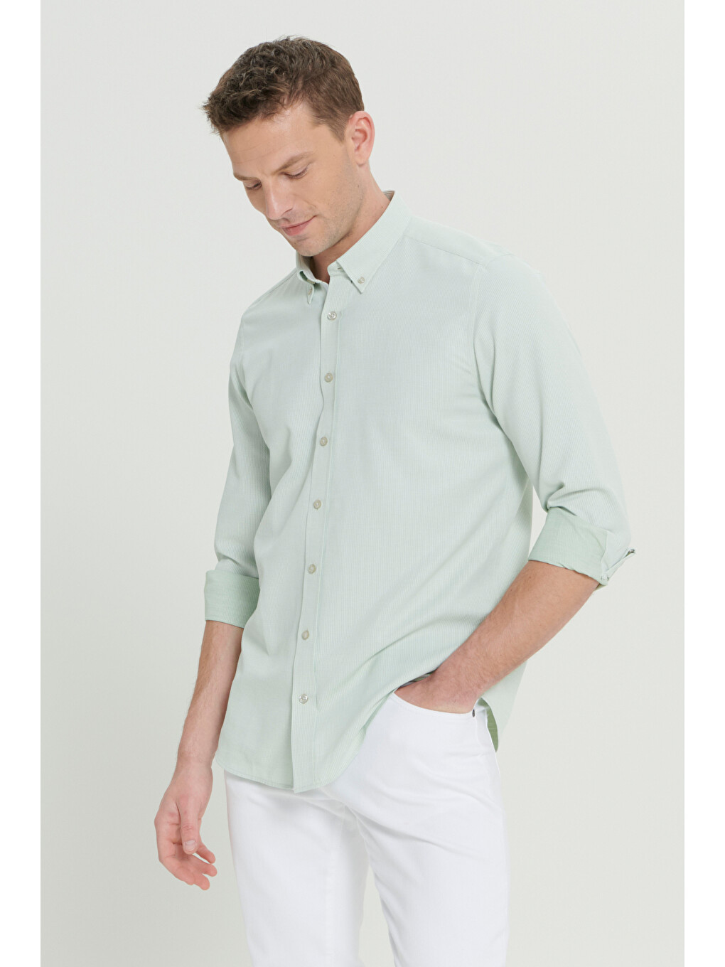 Erkek Yeşil Slim Fit Dar Kesim Düğmeli Yaka Armürlü Pamuklu Gömlek