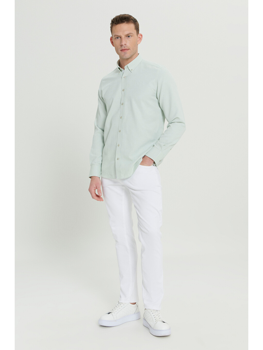 Erkek Yeşil Slim Fit Dar Kesim Düğmeli Yaka Armürlü Pamuklu Gömlek-1