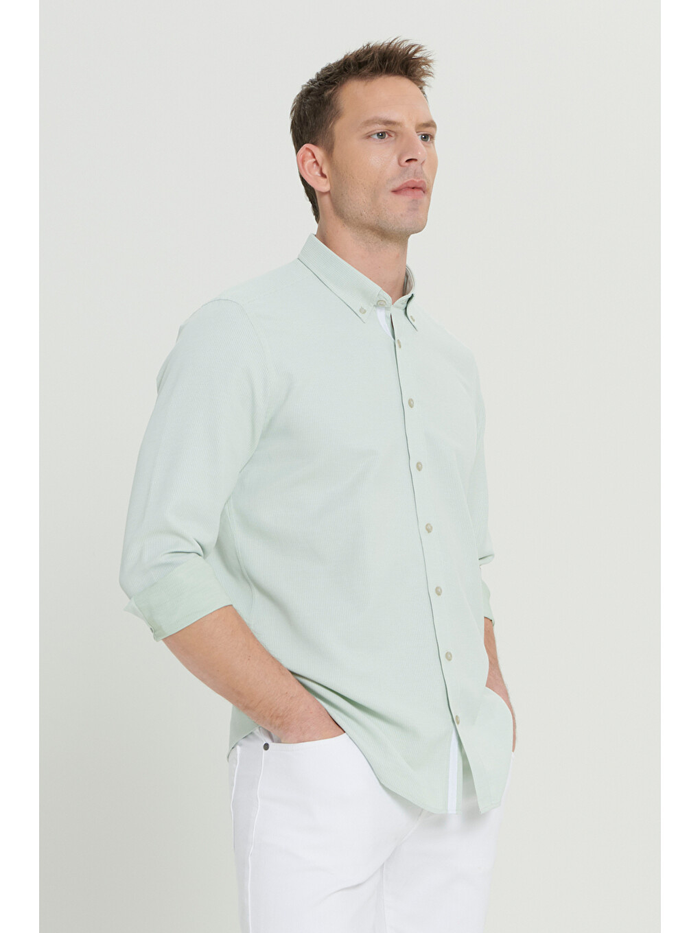 Erkek Yeşil Slim Fit Dar Kesim Düğmeli Yaka Armürlü Pamuklu Gömlek-2