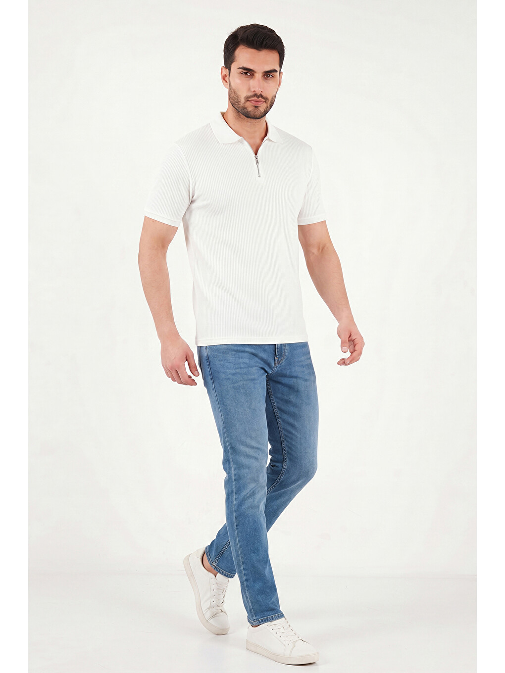 Ekru Pamuklu Regular Fit Fermuarlı Polo Yaka %100 Pamuk Tişört 5902738-1