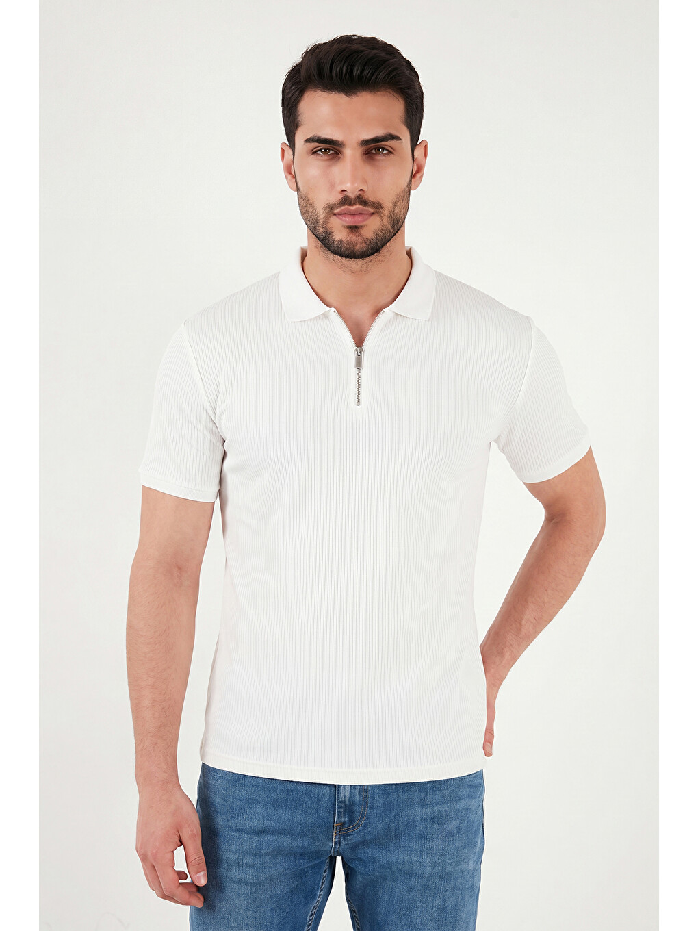Ekru Pamuklu Regular Fit Fermuarlı Polo Yaka %100 Pamuk Tişört 5902738-2