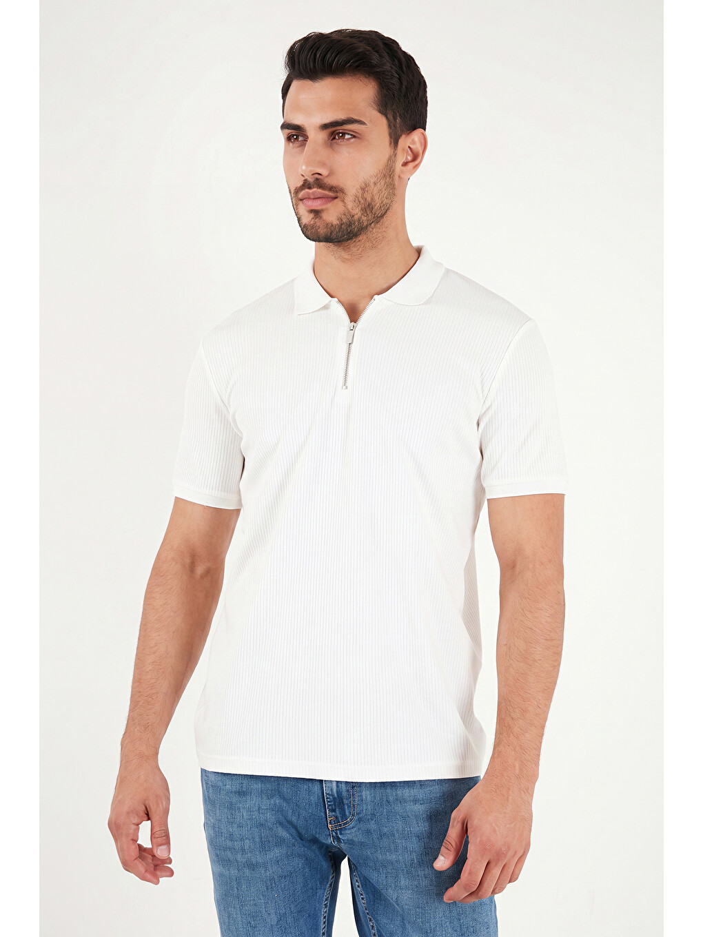 Ekru Pamuklu Regular Fit Fermuarlı Polo Yaka %100 Pamuk Tişört 5902738-3