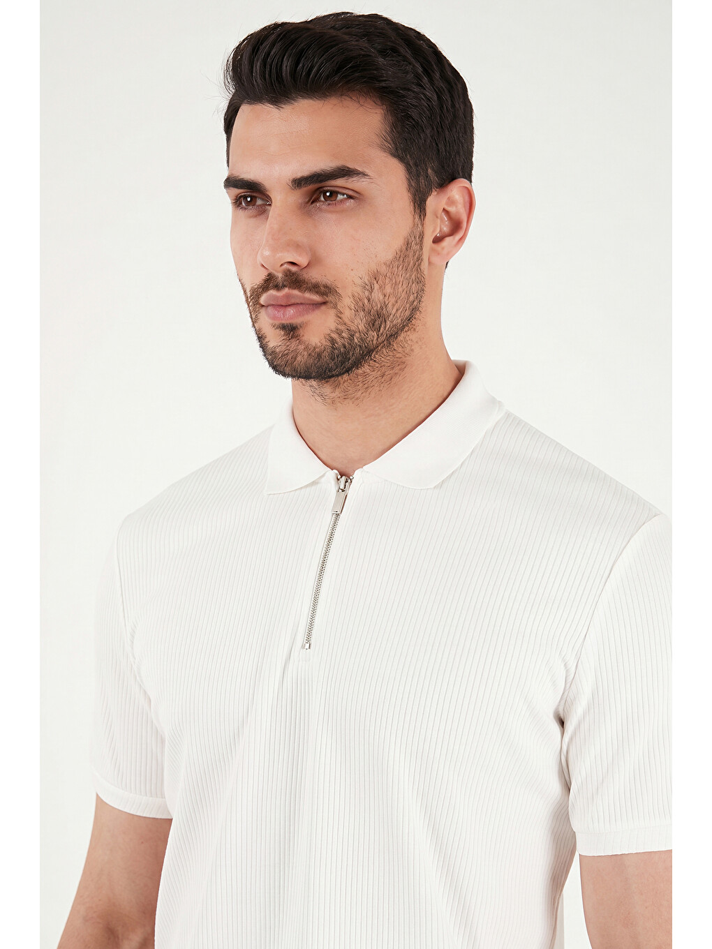 Ekru Pamuklu Regular Fit Fermuarlı Polo Yaka %100 Pamuk Tişört 5902738-4