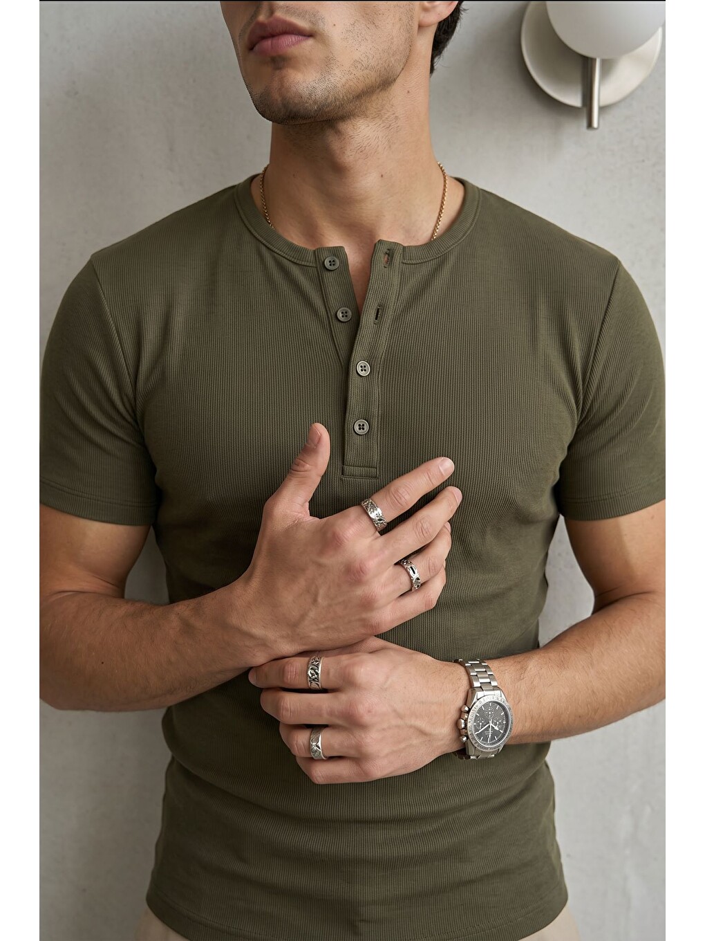 Yeşil Liiri %100 Pamuk Premium Fitilli Henley Yaka Yarım Düğmeli Regular Fit Basic Yazlık Erkek Tişört-2