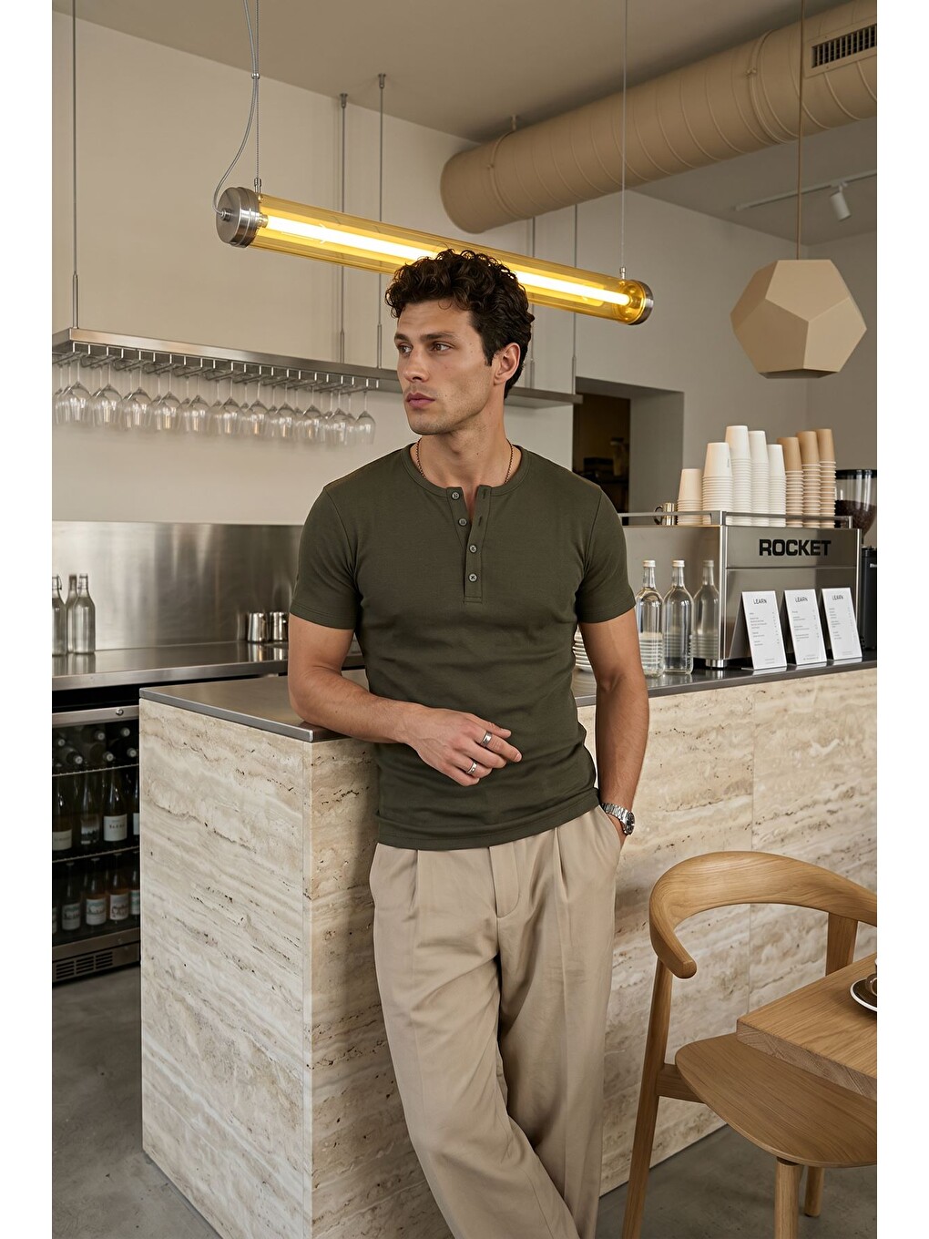 Yeşil Liiri %100 Pamuk Premium Fitilli Henley Yaka Yarım Düğmeli Regular Fit Basic Yazlık Erkek Tişört-3
