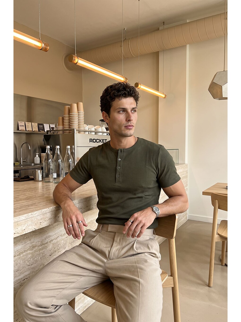 Yeşil Liiri %100 Pamuk Premium Fitilli Henley Yaka Yarım Düğmeli Regular Fit Basic Yazlık Erkek Tişört-4