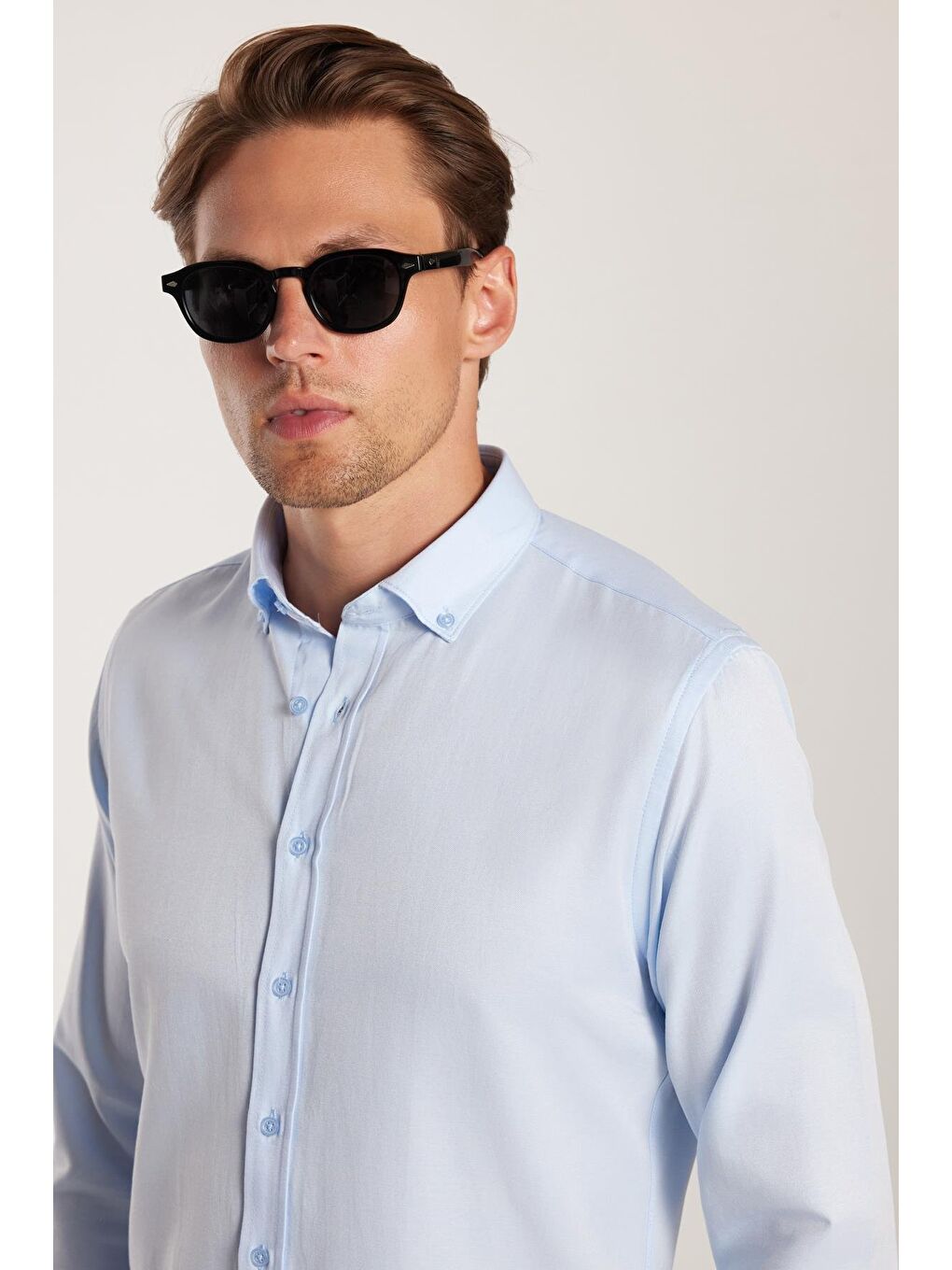 Erkek Slim Fit Dar Kesim Pamuklu Kolay Ütü Mavi Düğmeli Yaka Gömlek-1