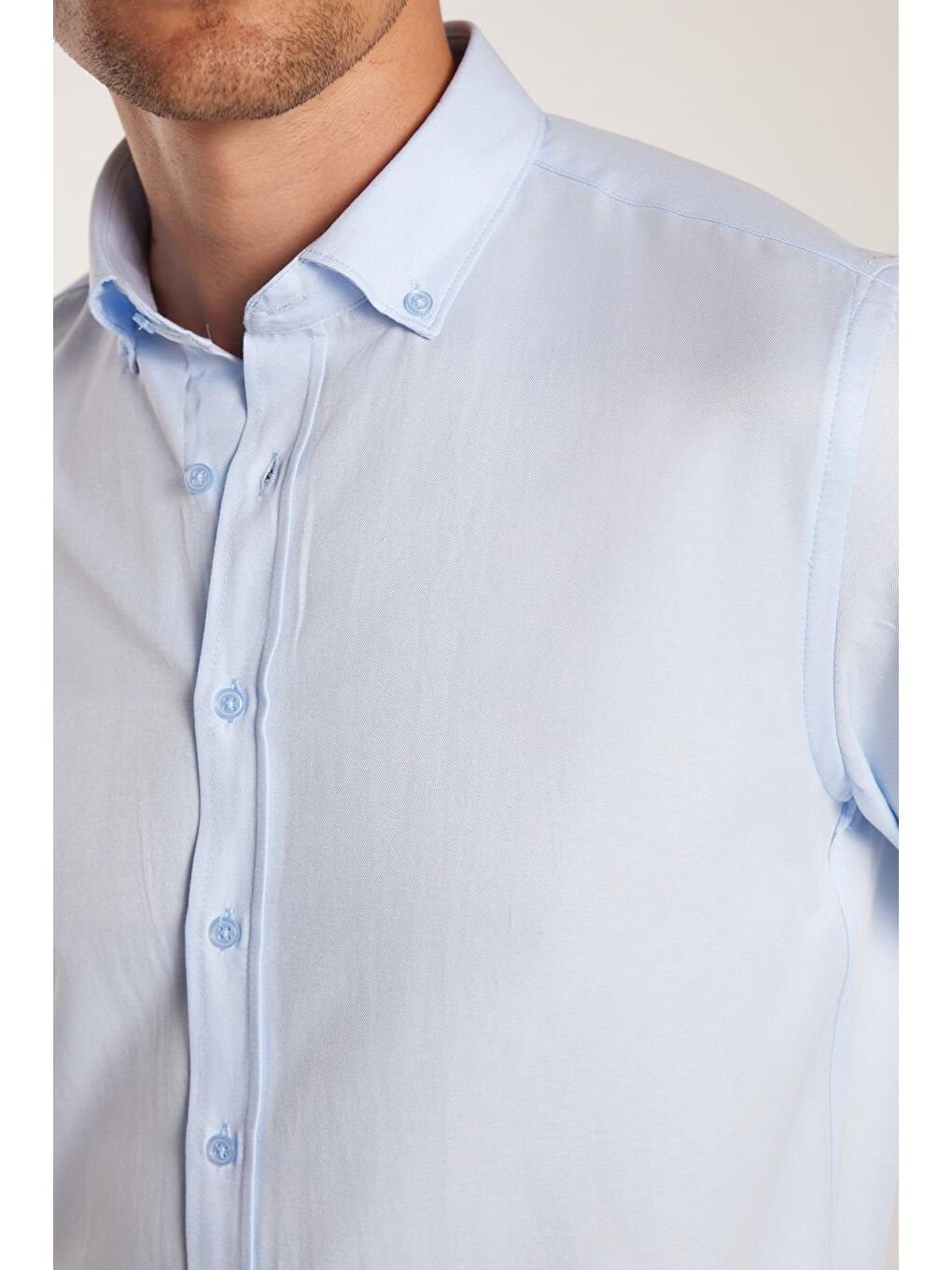 Erkek Slim Fit Dar Kesim Pamuklu Kolay Ütü Mavi Düğmeli Yaka Gömlek-2