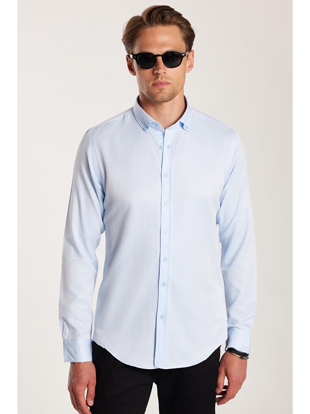 Erkek Slim Fit Dar Kesim Pamuklu Kolay Ütü Mavi Düğmeli Yaka Gömlek-3