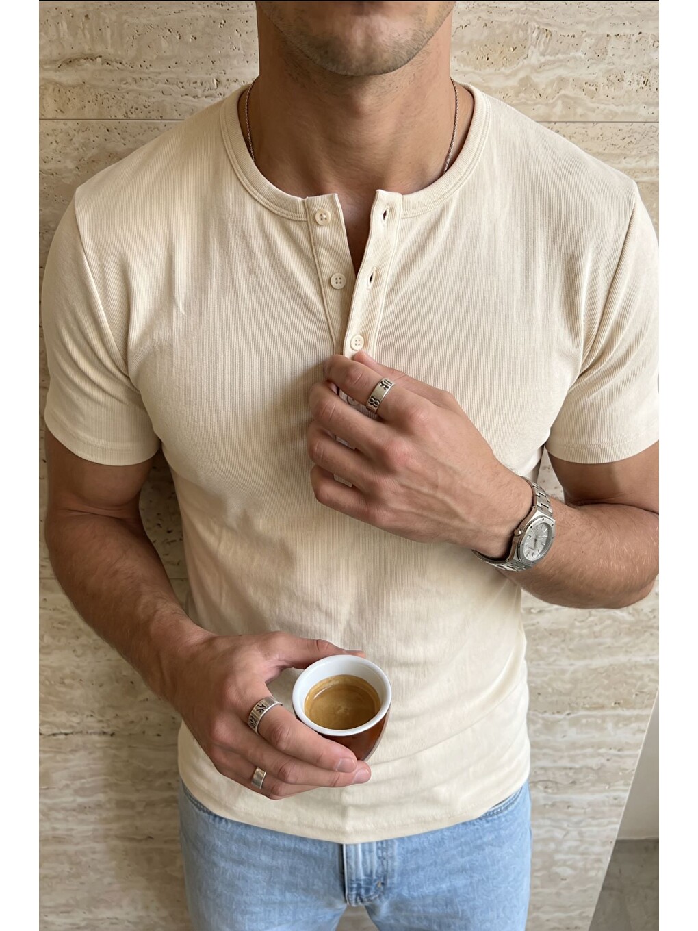 Ekru Liiri %100 Pamuk Premium Fitilli Henley Yaka Yarım Düğmeli Regular Fit Basic Yazlık Erkek Tişört-3