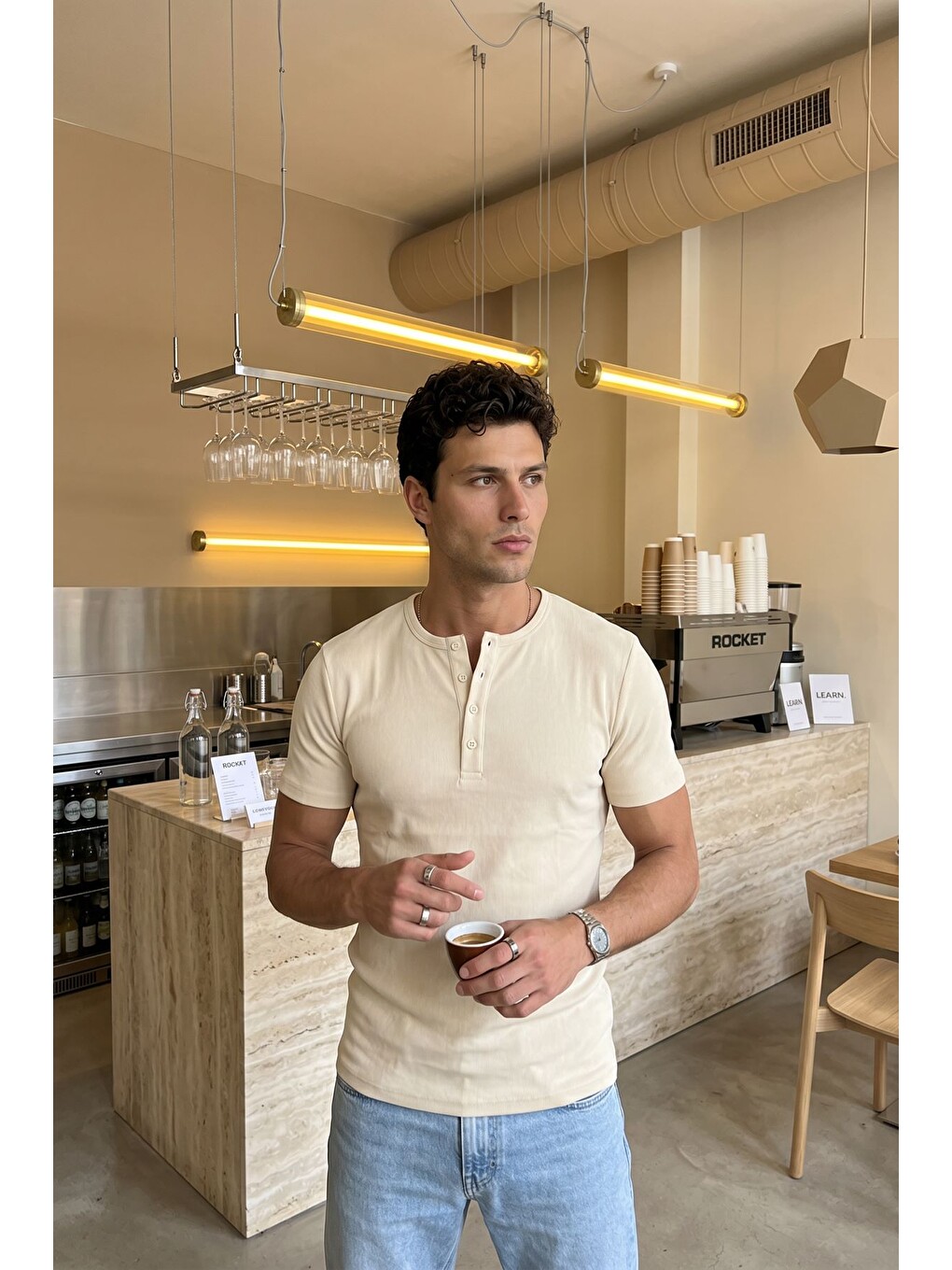 Ekru Liiri %100 Pamuk Premium Fitilli Henley Yaka Yarım Düğmeli Regular Fit Basic Yazlık Erkek Tişört-6