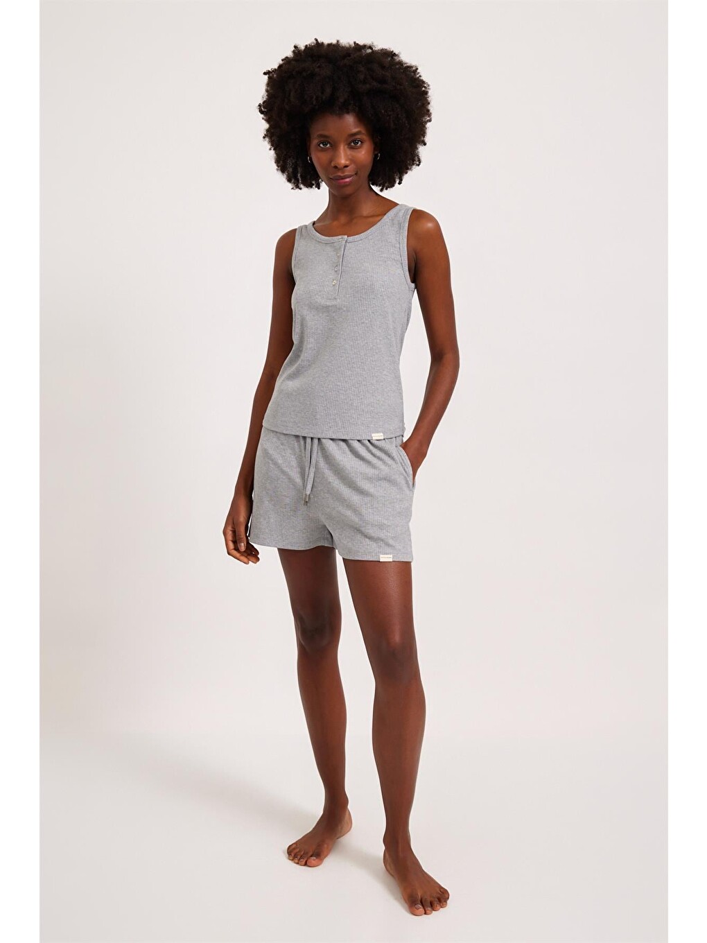 Kadın Loungewear Düğmeli Atlet Gri-Melanj-3
