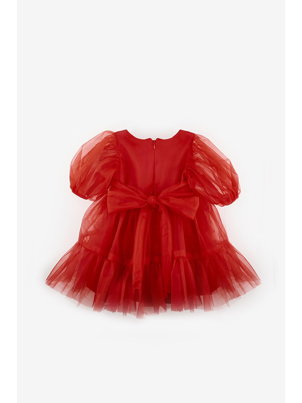 Kırmızı Eteği Fırfırlı Kemerli Kız Çocuk Tül Elbise - Casey-5