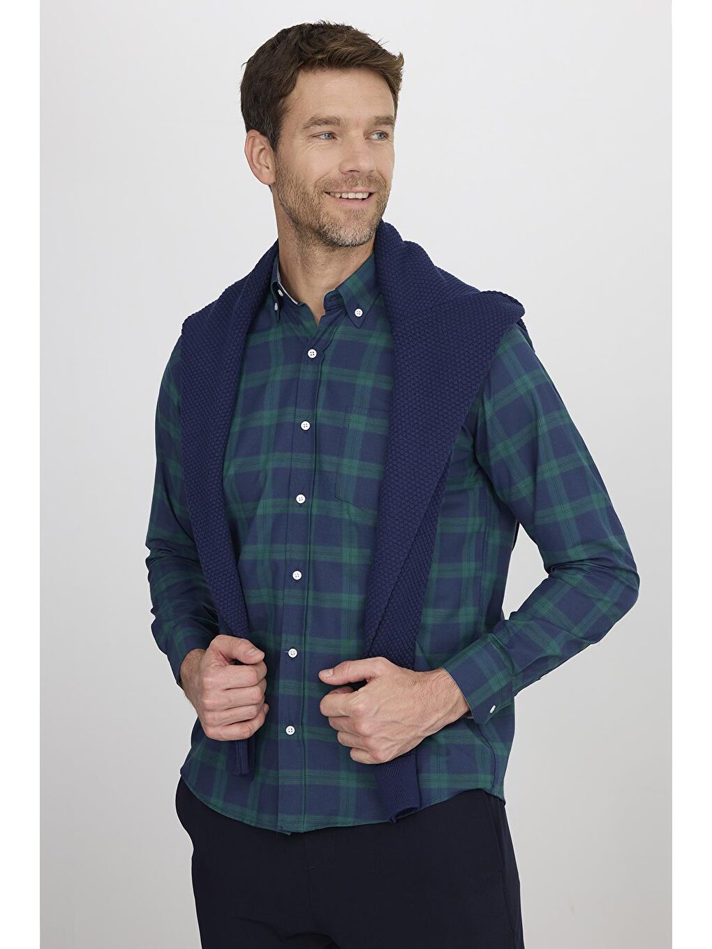 Karışık Erkek Regular Fit Klasik Kesim Düğmeli Yaka Küçük Kareli Pamuklu Yeşil-Mavi Gömlek-1
