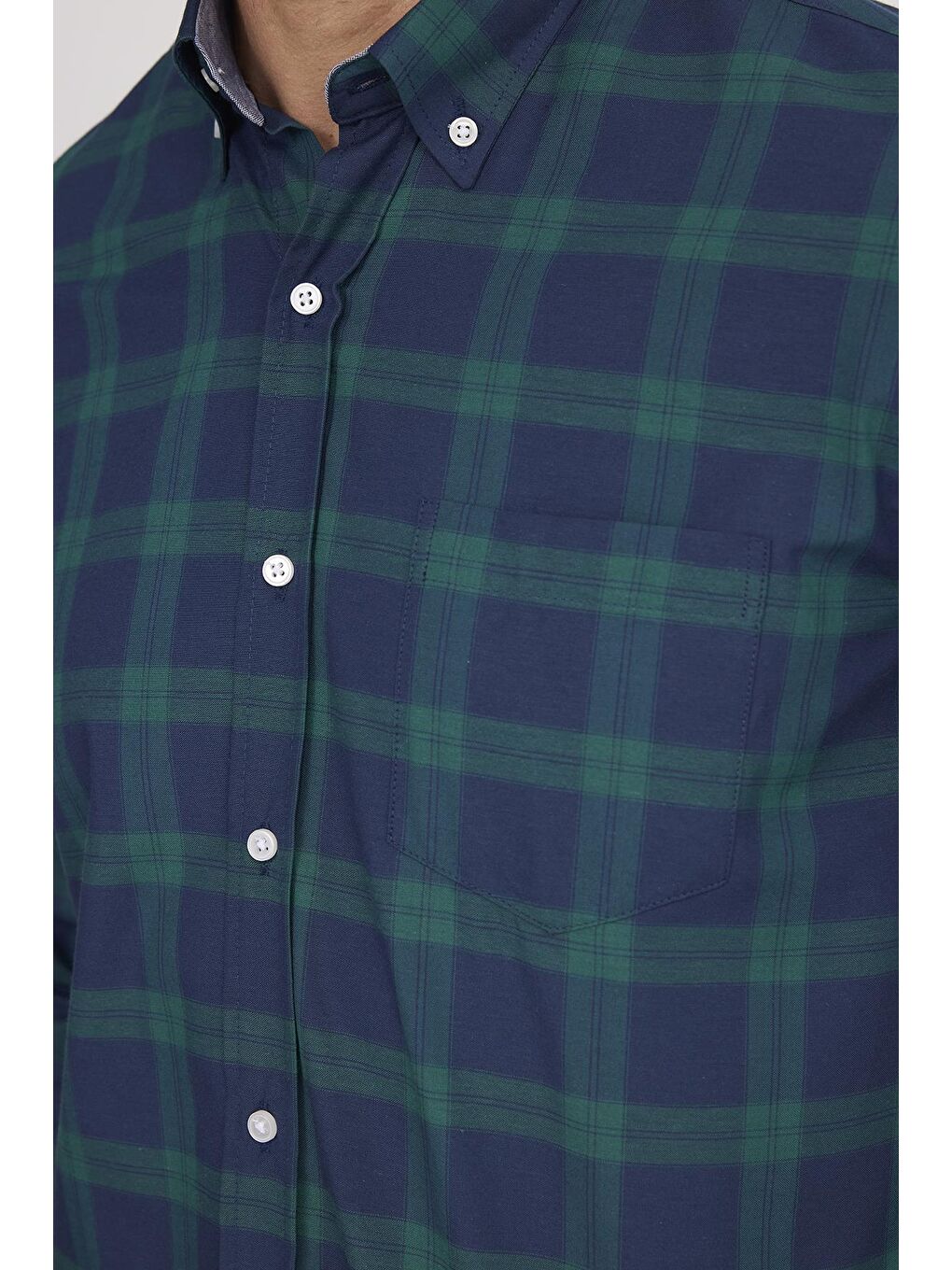 Karışık Erkek Regular Fit Klasik Kesim Düğmeli Yaka Küçük Kareli Pamuklu Yeşil-Mavi Gömlek-2